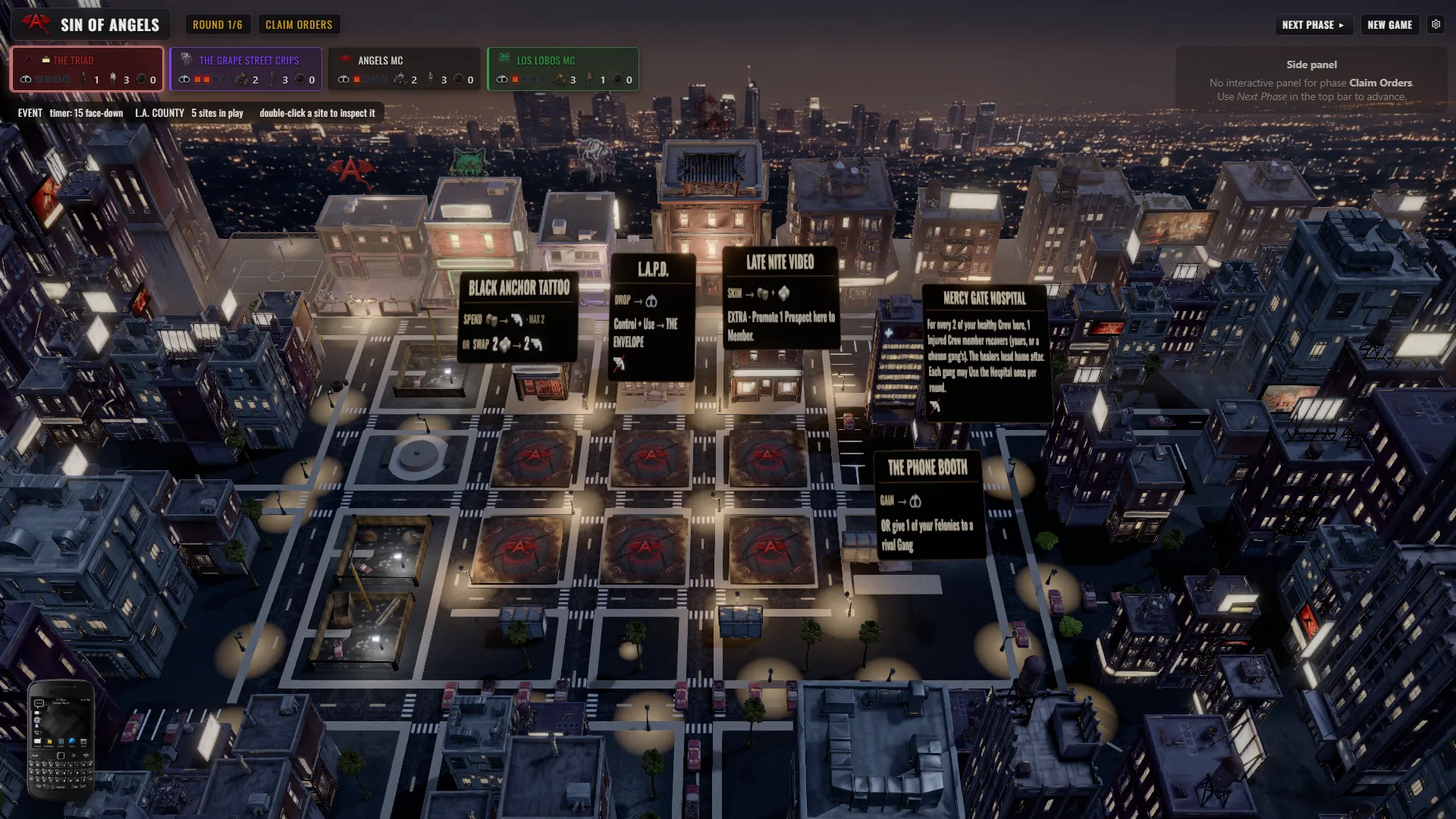 The full L.A. County board in Sin of Angels at night during a four-gang game, with Site cards and the gang scoreboard visible along the top.