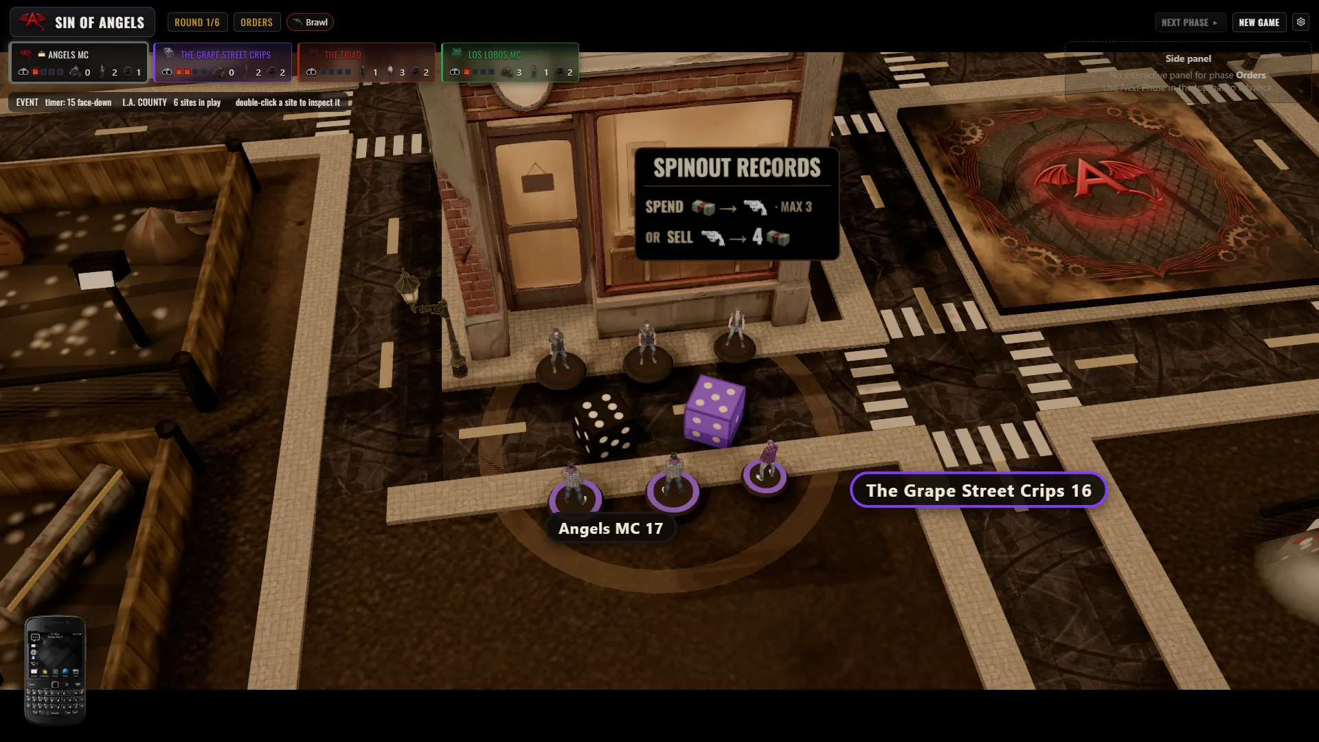 The Get Bloody dice moment in a Sin of Angels Brawl, two dice settled with readable pips and both gangs' totals shown as banners.