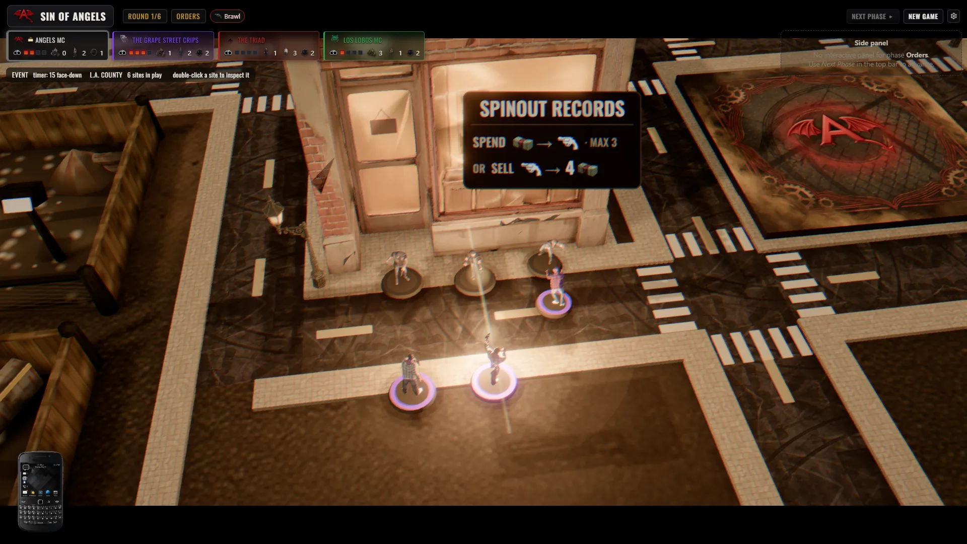The Pull Guns step of a Sin of Angels Brawl: both gangs have committed their Guns and picked targets before the dice decide the fight.