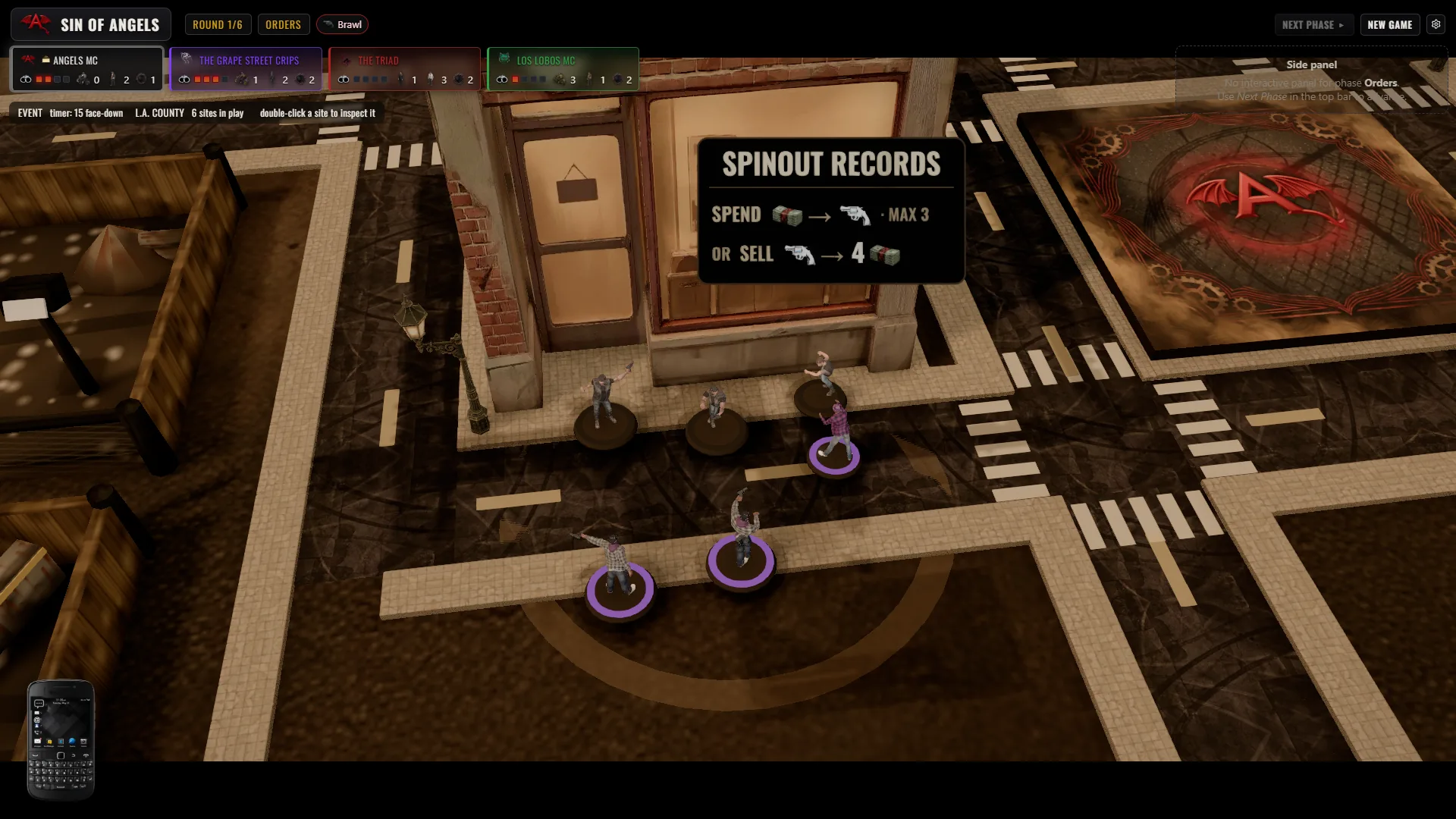 A mid-Brawl standoff in Sin of Angels: gunfire exchanged between two gangs over a contested Site.