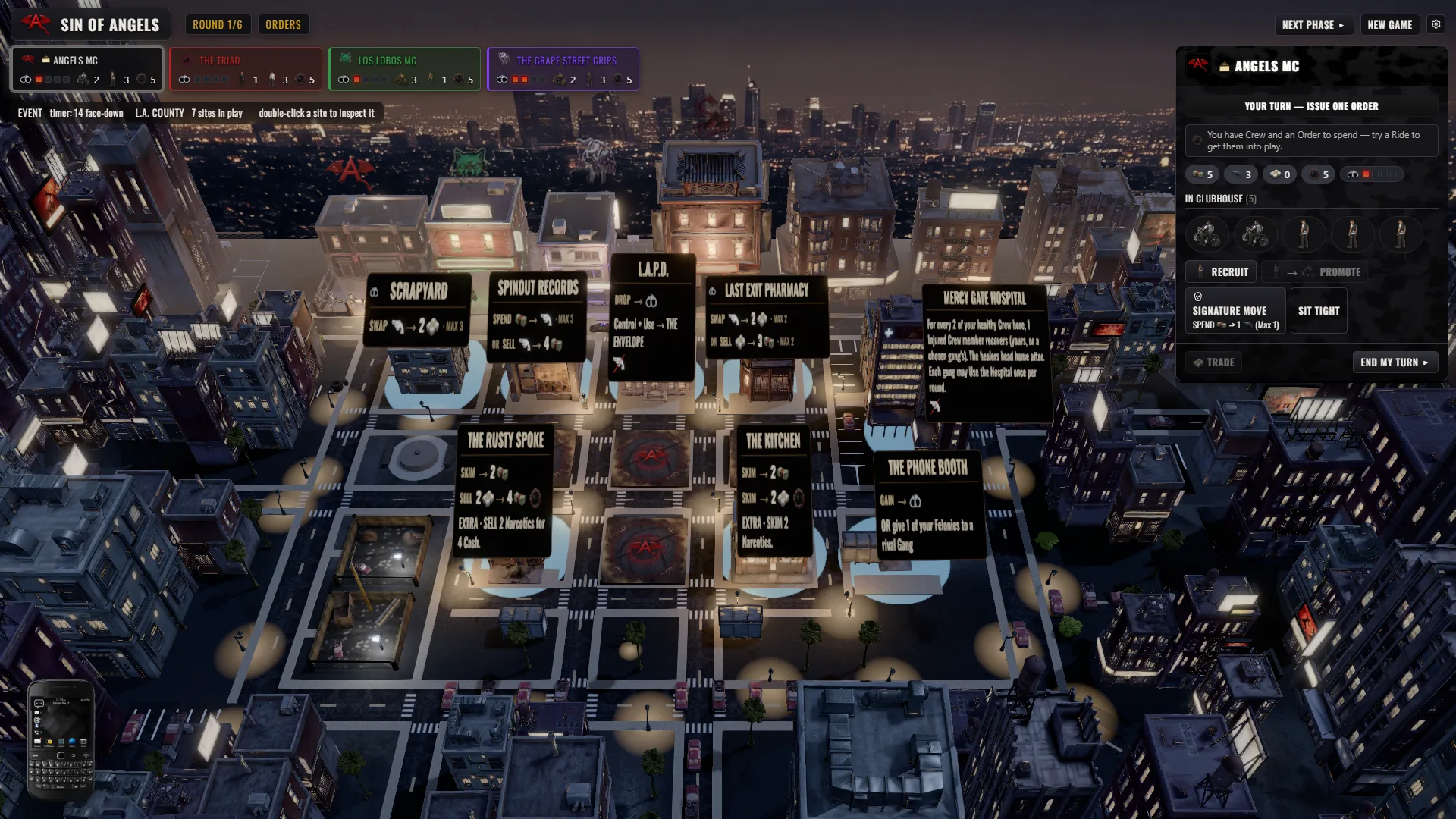 A gang's Clubhouse panel in Sin of Angels showing the Members and Prospects in the roster, along with Cash, Guns, and Narcotics chips and the Order tokens left for the round.
