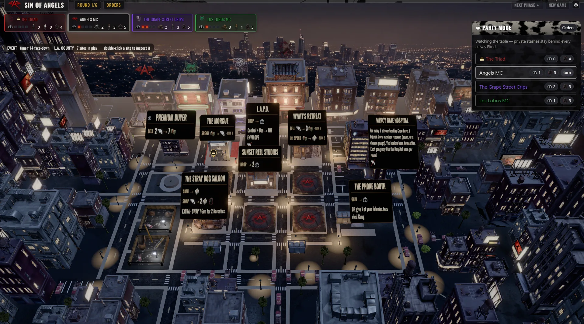 Sin of Angels running in Party Mode on a TV: the shared 3D board in spectator view with the PARTY MODE banner on screen, no phone dock needed since play happens on each person's own device.