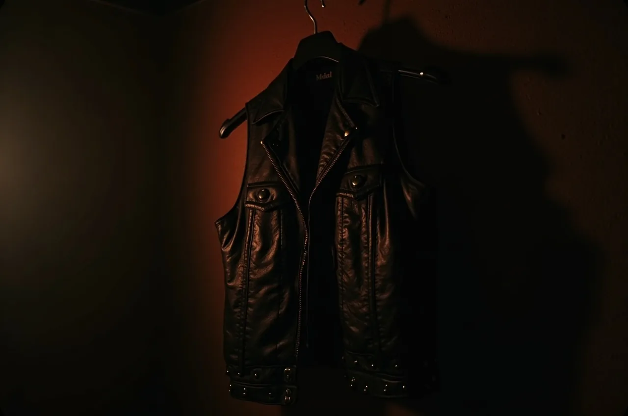 A studded outlaw MC leather cut on a hanger, lit dim red in a dark room.