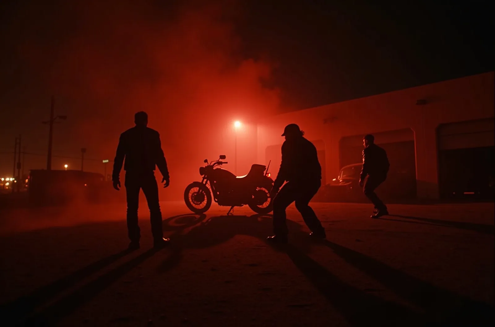 Silhouetted bikers brawling beside a motorcycle in red flare light and smoke.