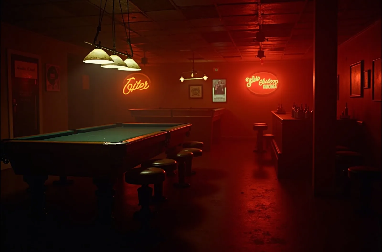 A dim California dive bar lit for a late-night gathering