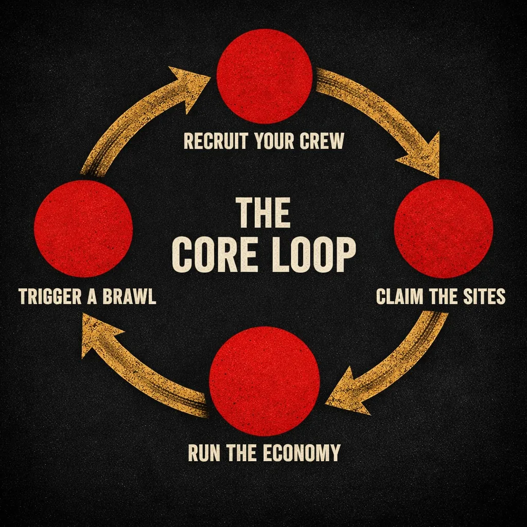 A four-step ring diagram showing the Sin of Angels core loop: recruit your crew, claim the sites, run the economy, and trigger a Brawl.