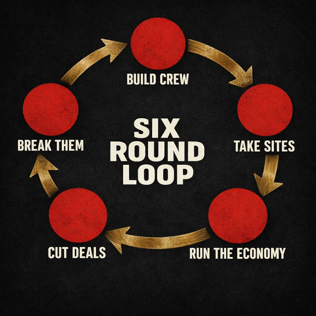 A five-step ring diagram with a six round loop heading in the center, cycling clockwise through build crew, take sites, run the economy, cut deals, and break them.