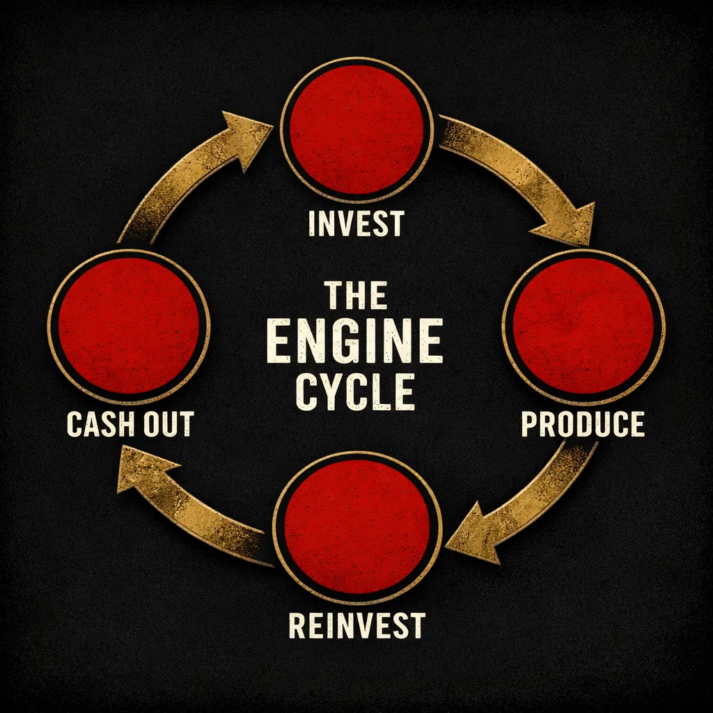 A circular loop showing the engine building cycle: invest, produce, reinvest, then cash out before the game ends.
