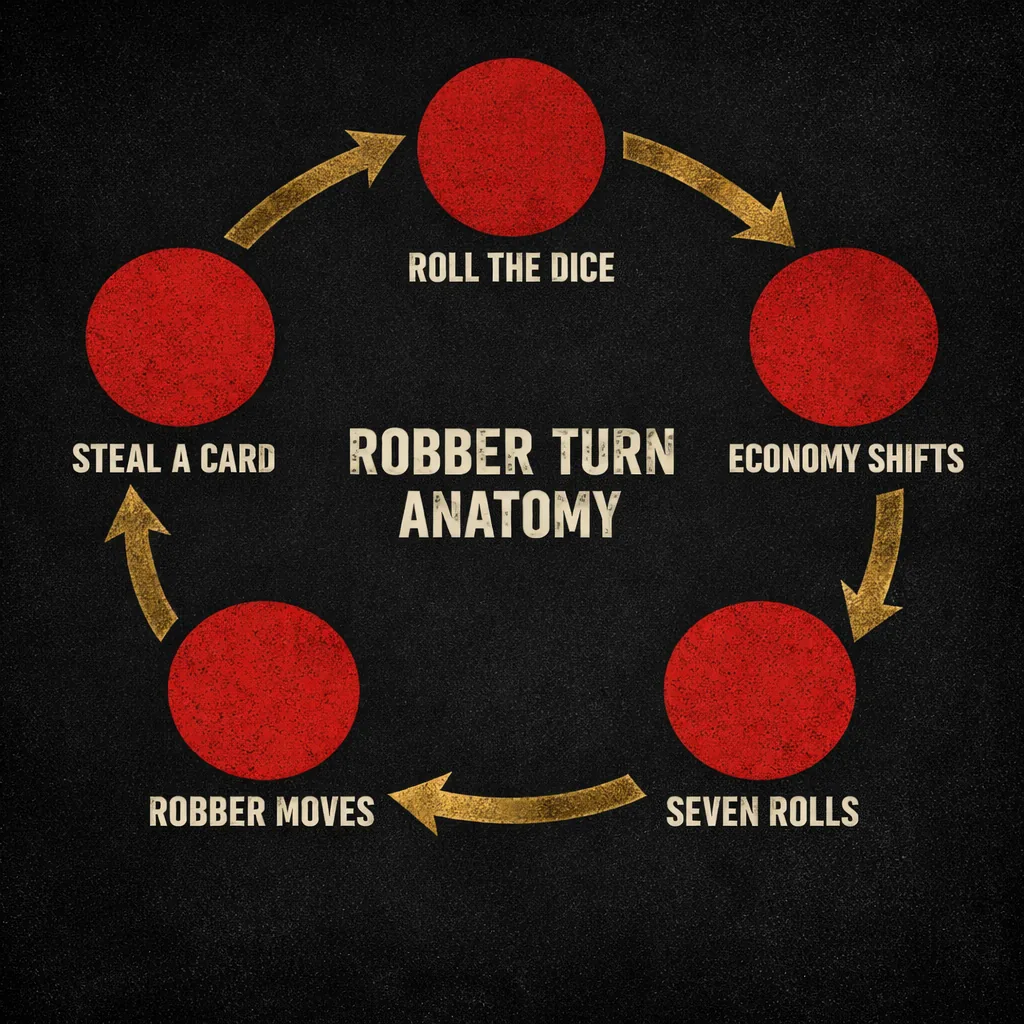 A five-step ring showing the anatomy of a Catan turn when a seven is rolled: roll the dice, the economy shifts, seven rolls, the robber moves, steal a card.