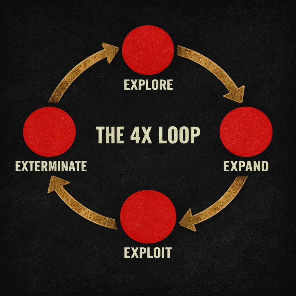 Four circles in a clockwise ring, labeled explore, expand, exploit, and exterminate, with the 4X loop as the center heading.