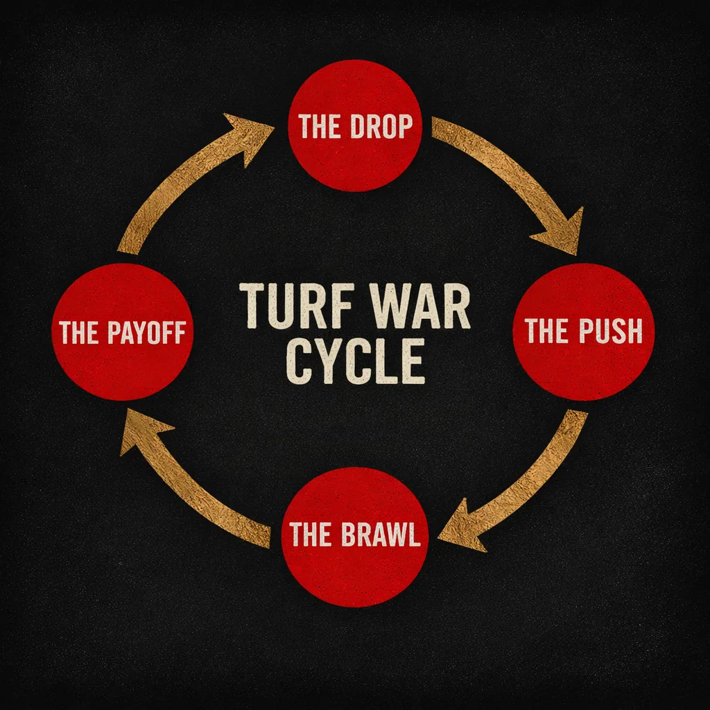 A four-step circular loop showing the turf war cycle: the drop, the push, the brawl, and the payoff, connected by clockwise arrows back to the start.