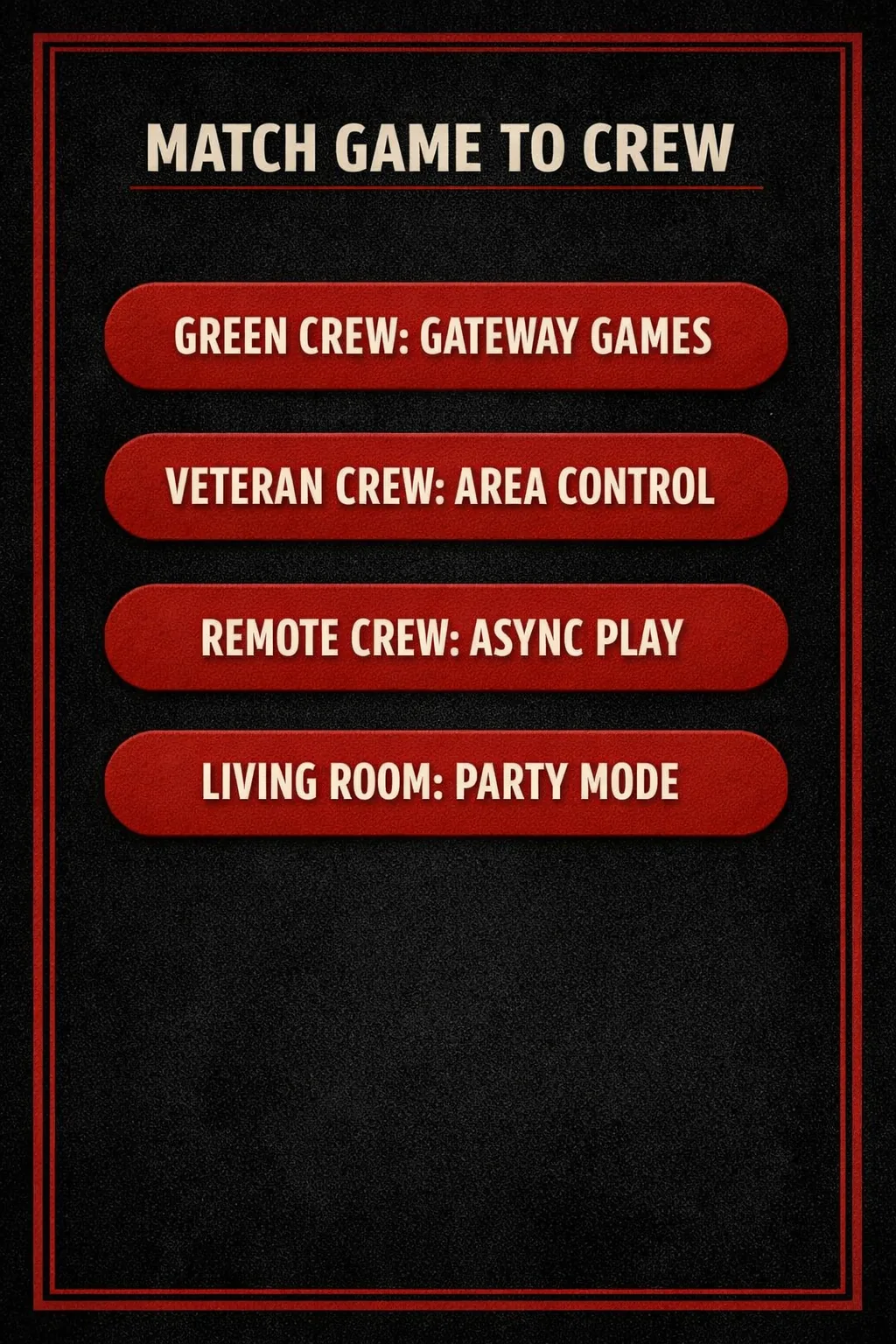 Four stacked bars matching a crew type, green, veteran, remote, or living room, to its recommended game style.