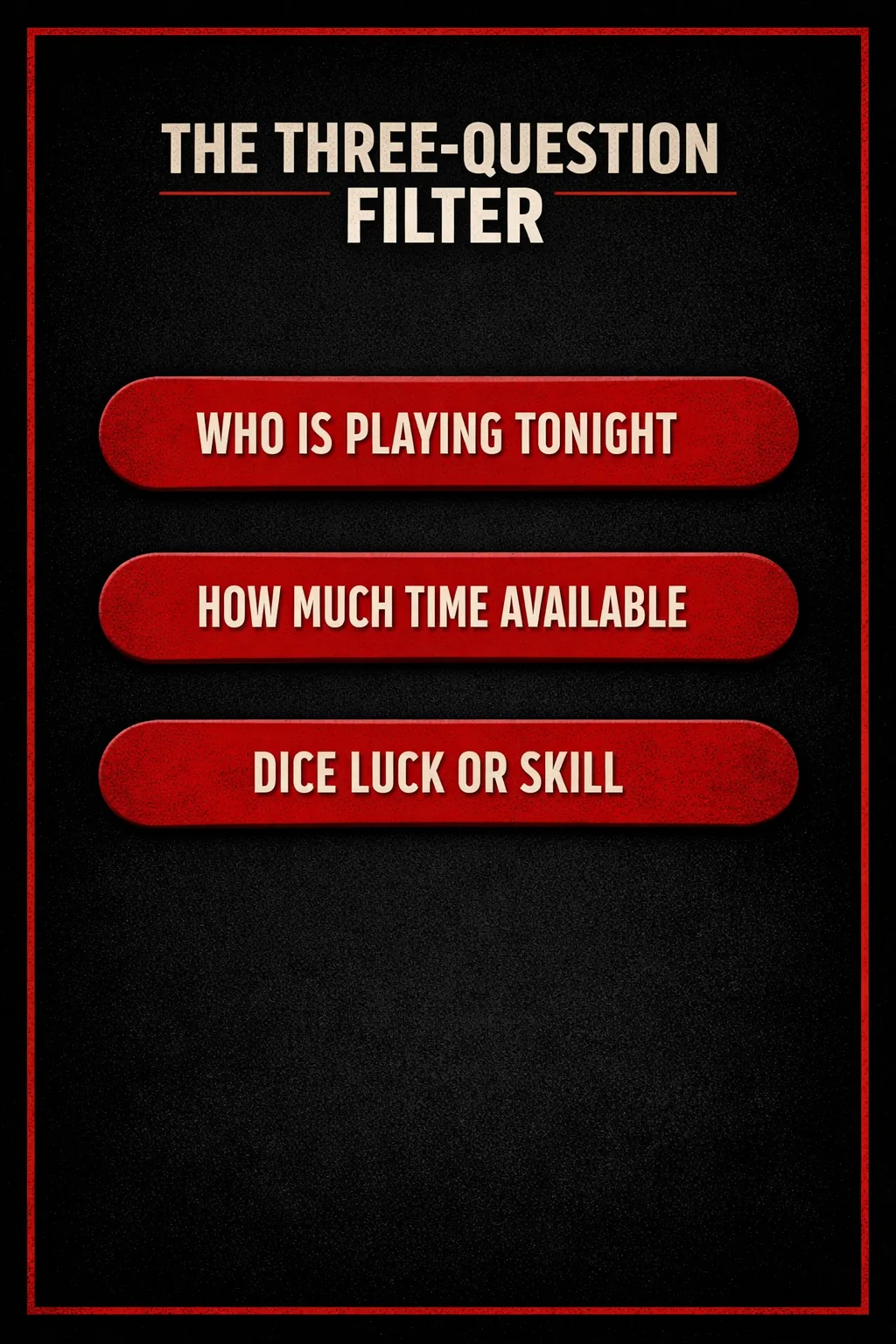 Three stacked bars listing the three questions to pick a game: who is playing tonight, how much time is available, and dice luck or skill.