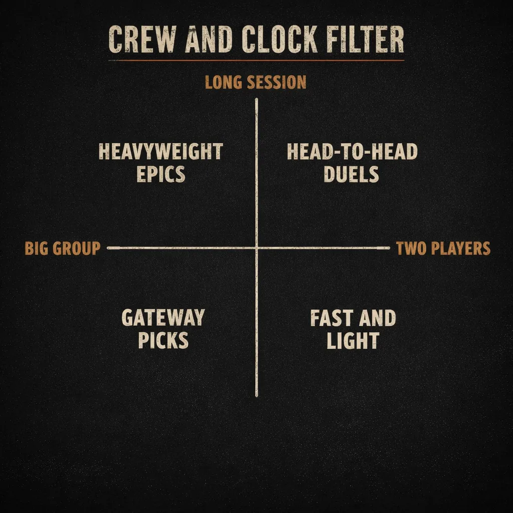 A two by two quadrant plotting session length against group size, sorting area control games into heavyweight epics, head to head duels, gateway picks, and fast and light games.