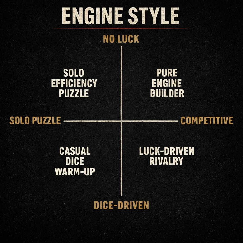 A quadrant plotting no-luck versus dice-driven design against solo puzzle versus competitive play, naming the four resulting engine-building styles.