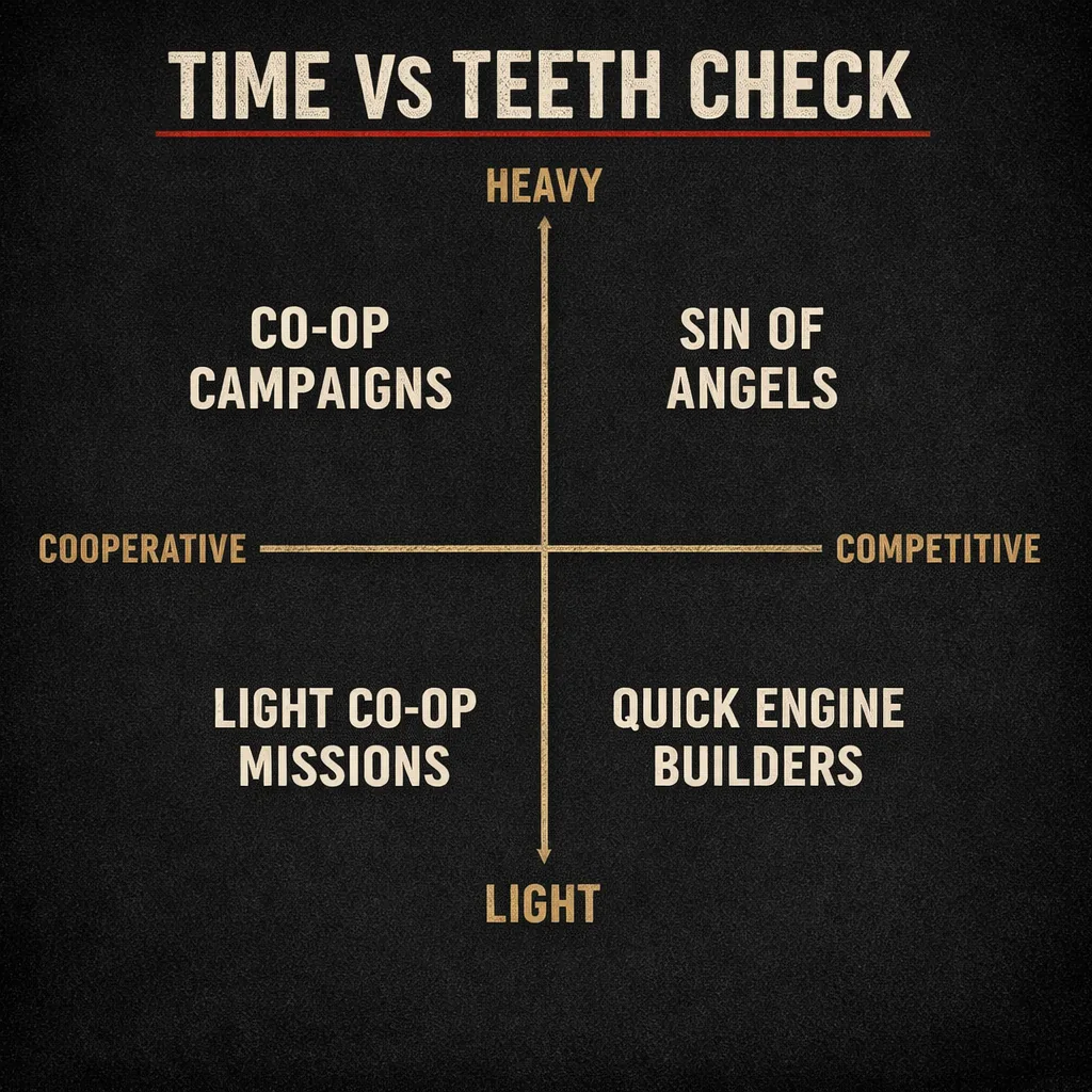 A quadrant chart with heavy at top, light at bottom, cooperative at left, and competitive at right. Top-left holds co-op campaigns, top-right holds Sin of Angels, bottom-right holds quick engine builders, and bottom-left holds light co-op missions.
