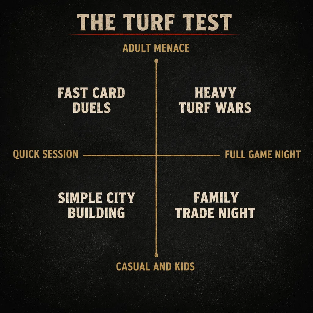 A two by two quadrant plotting player edge against session length, sorting Monopoly alternatives into fast card duels, heavy turf wars, family trade night, and simple city building.