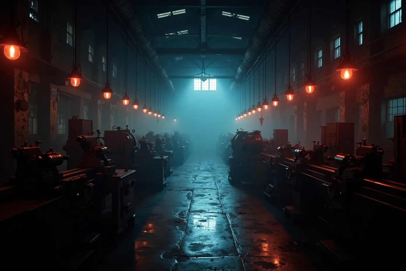 Rows of old machinery down a fog-lit factory hall, red work lamps hanging over a wet concrete floor.
