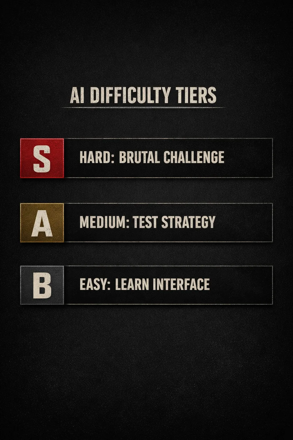 Three ranked tiers, S, A, and B, showing hard, medium, and easy AI difficulty and what each level teaches a player.