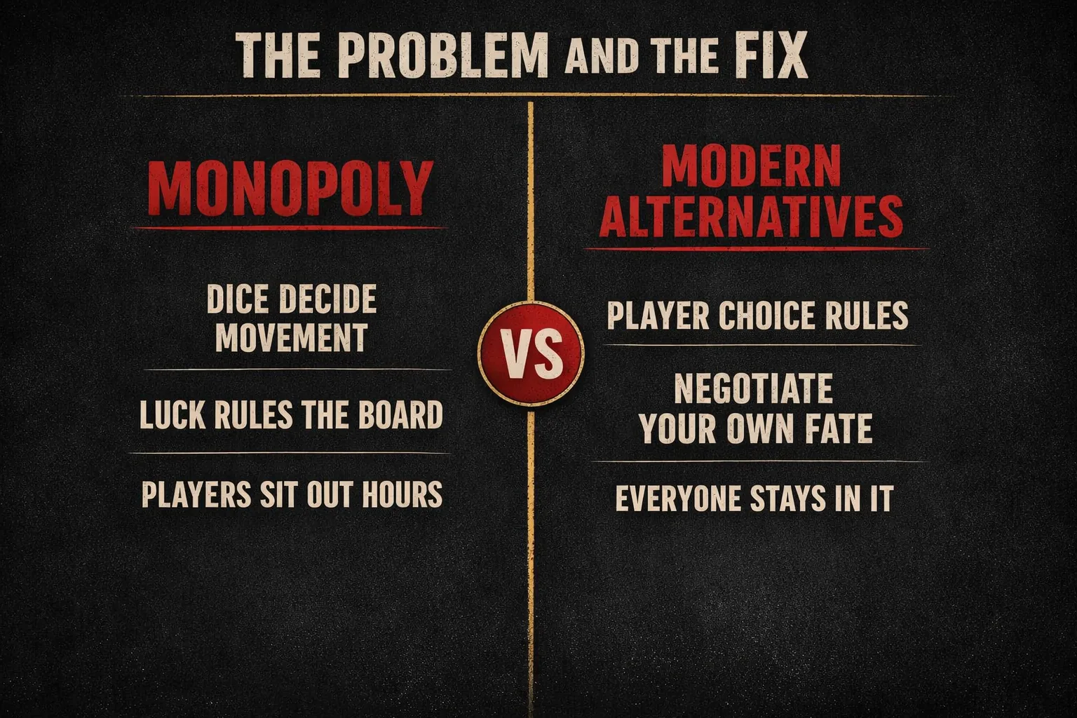 A versus diagram contrasting Monopoly's dice-driven luck and player elimination against modern alternatives that hand players real choice.