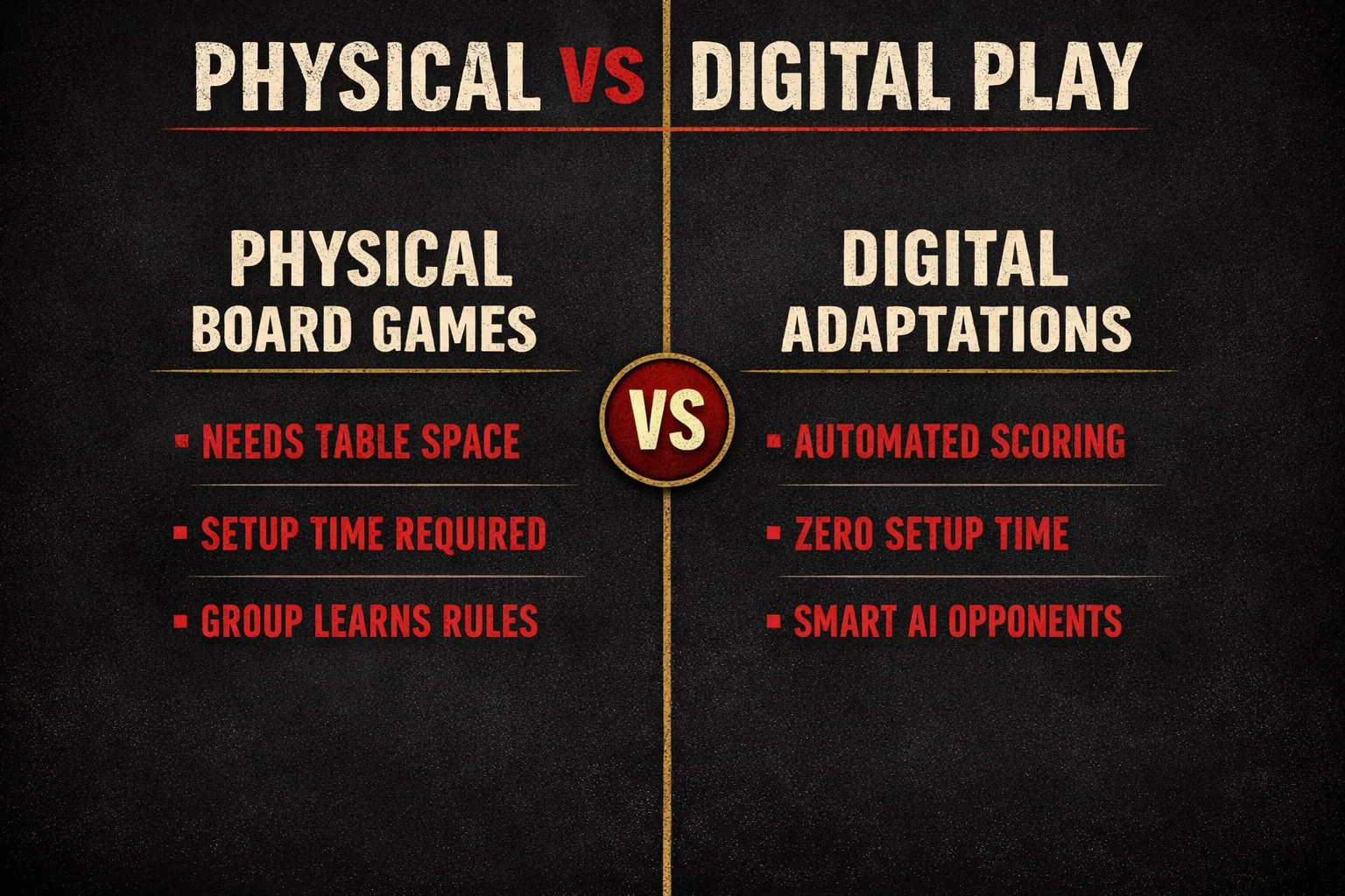 A versus diagram contrasting physical board games (needing table space, setup time, a group that knows the rules) against digital adaptations (automated scoring, zero setup, smart AI opponents).