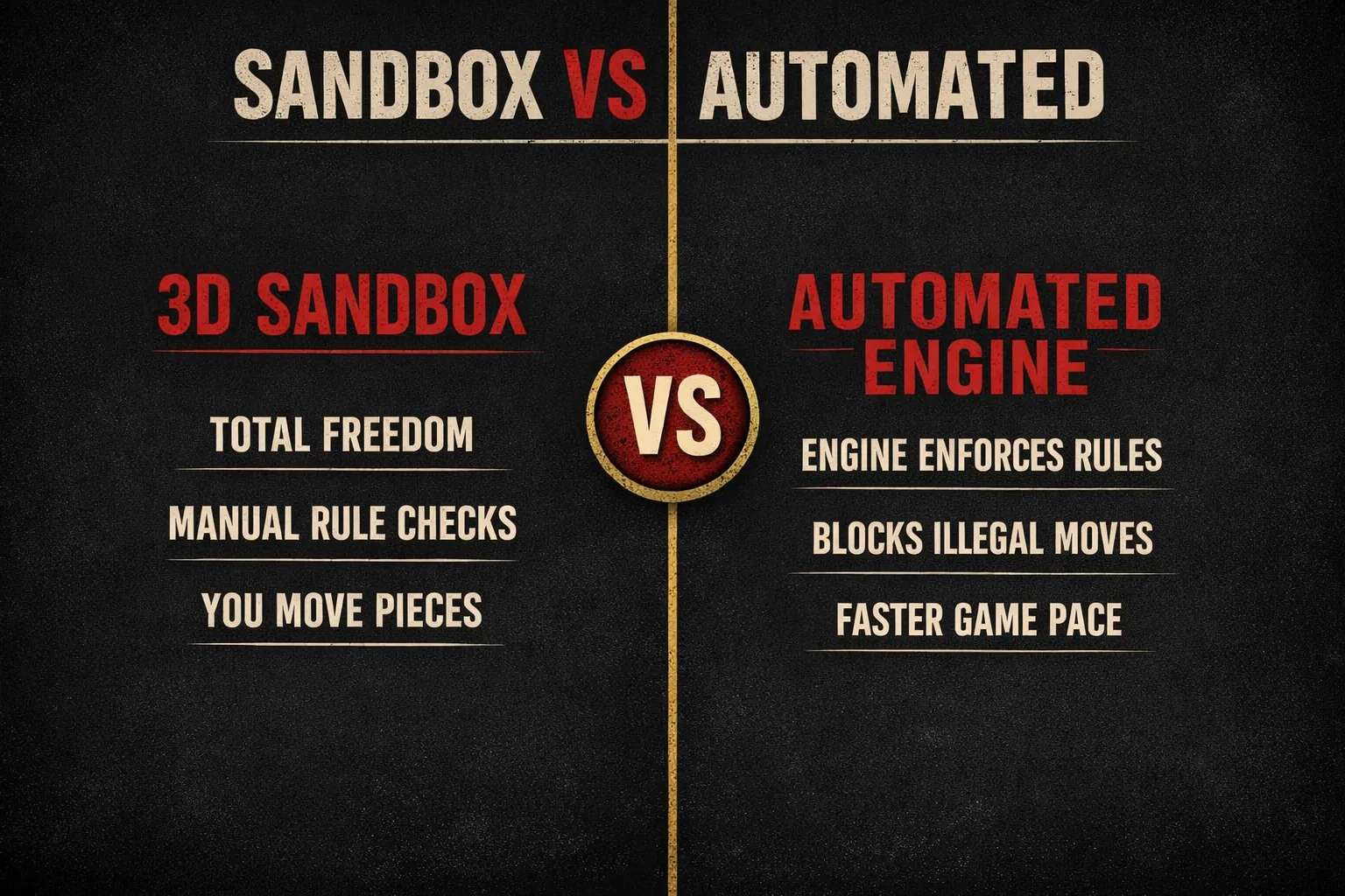 A versus split comparing 3D sandbox platforms, total freedom and manual rules, against automated engines that enforce every move.