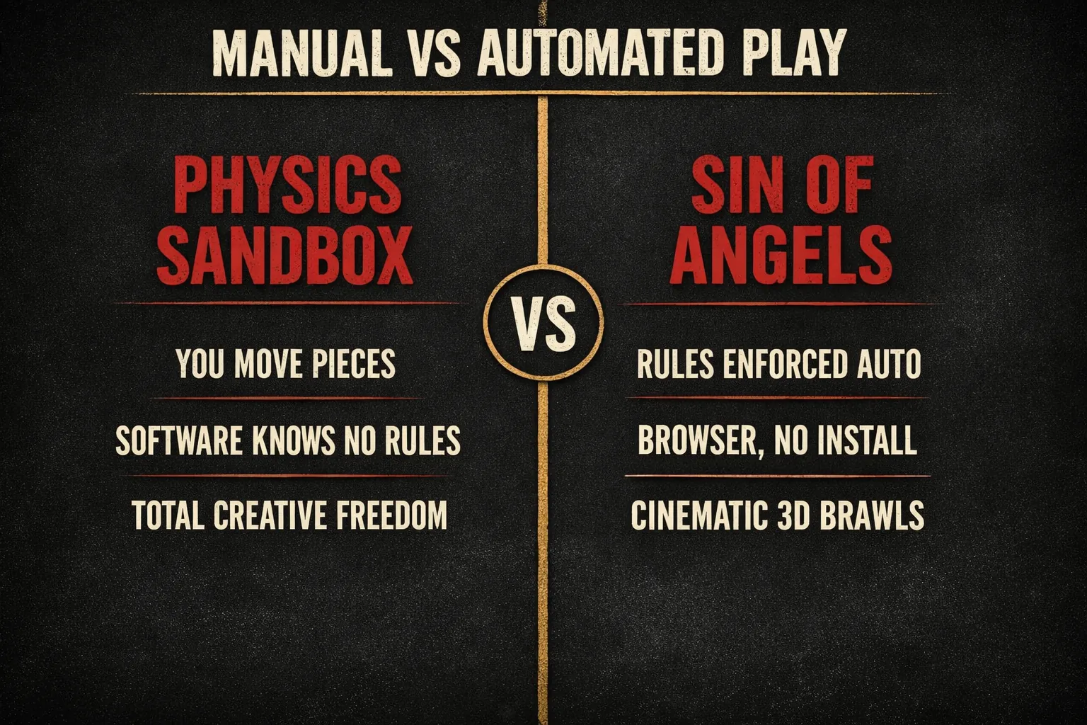 A versus diagram contrasting 3D physics sandbox play (you move every piece, the software knows no rules, total creative freedom) against Sin of Angels (rules enforced automatically, browser with no install, cinematic 3D brawls).