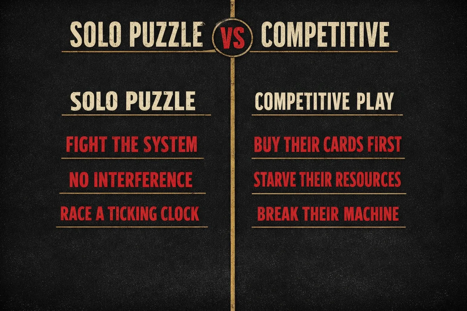 A versus diagram contrasting the solo engine-building puzzle, fighting the system alone against a ticking clock, with competitive play: buying cards first, starving resources, and breaking a rival's machine.