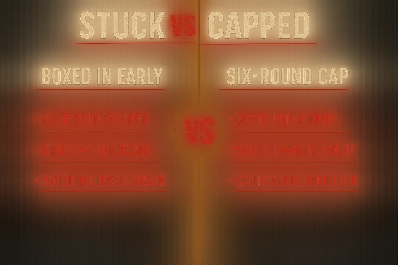 A versus diagram contrasting getting boxed in early in Catan, which leaves you a ghost at the table, with Sin of Angels' six-round cap, where a loss only costs one round.