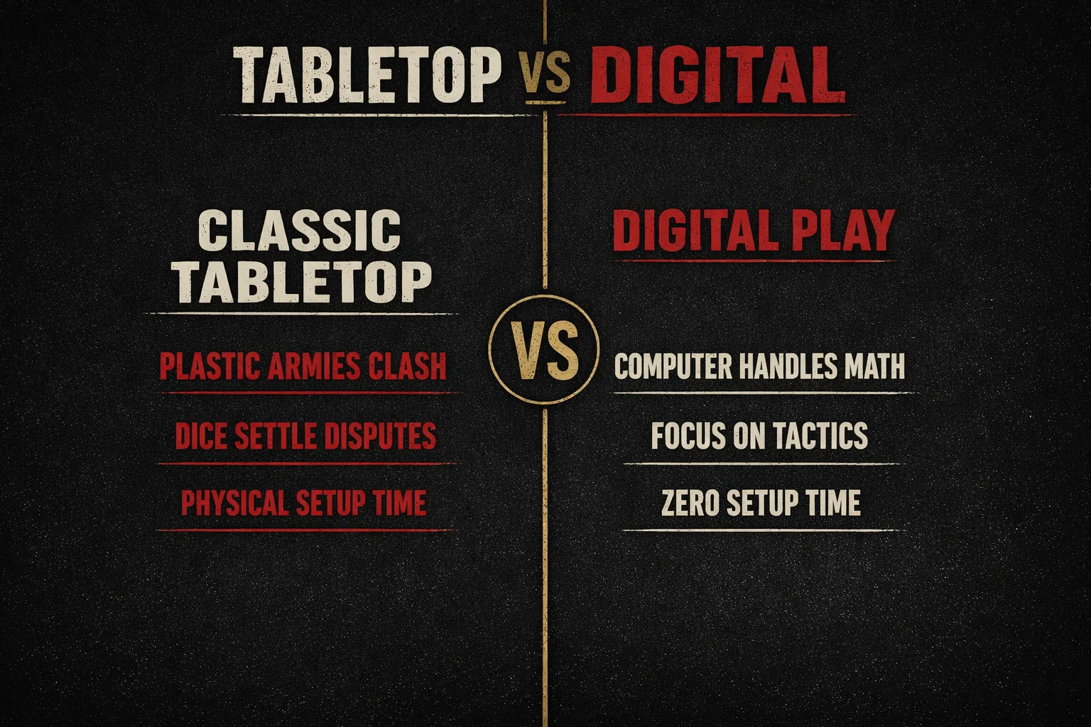 A versus split comparing classic tabletop play, with plastic armies and dice, against digital play, where the computer handles the math with zero setup.